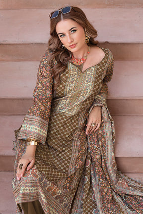 Beige & Sage Green Spun Mughal-Inspired Paisley Printed Unstitched Suits Material