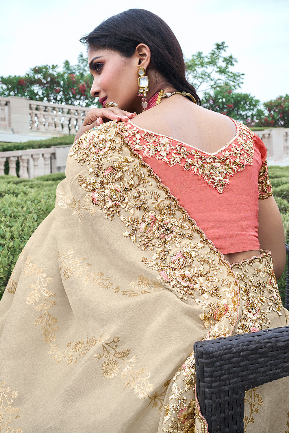 Cream Color Tissue Silk Embroidered Saree
