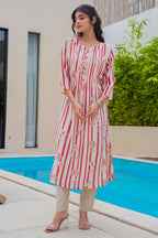 Beige & Maroon Floral Printed Muslin Kurta Set