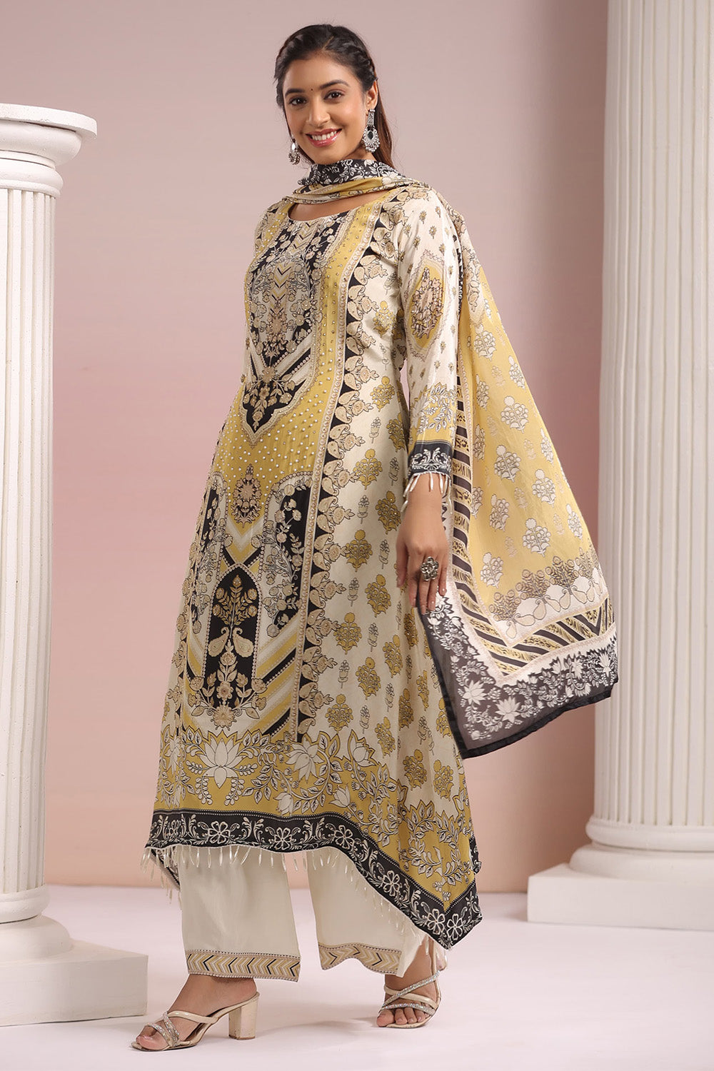 Beige & Mustard Color Crepe Printed Suit