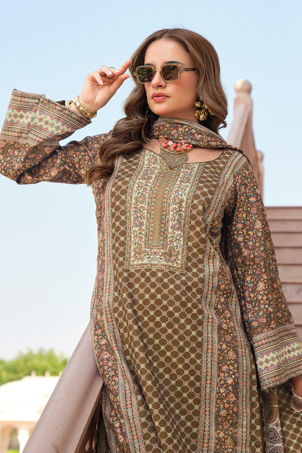Beige & Sage Green Spun Mughal-Inspired Paisley Printed Unstitched Suits Material