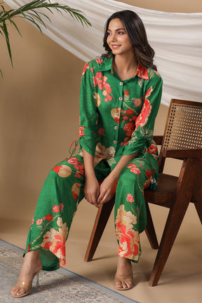 Green Color Muslin Printed Co-Ord Set