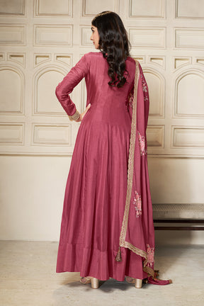 Solid Pink Color Silk Embroidered Anarkali Kurti  With Dupatta