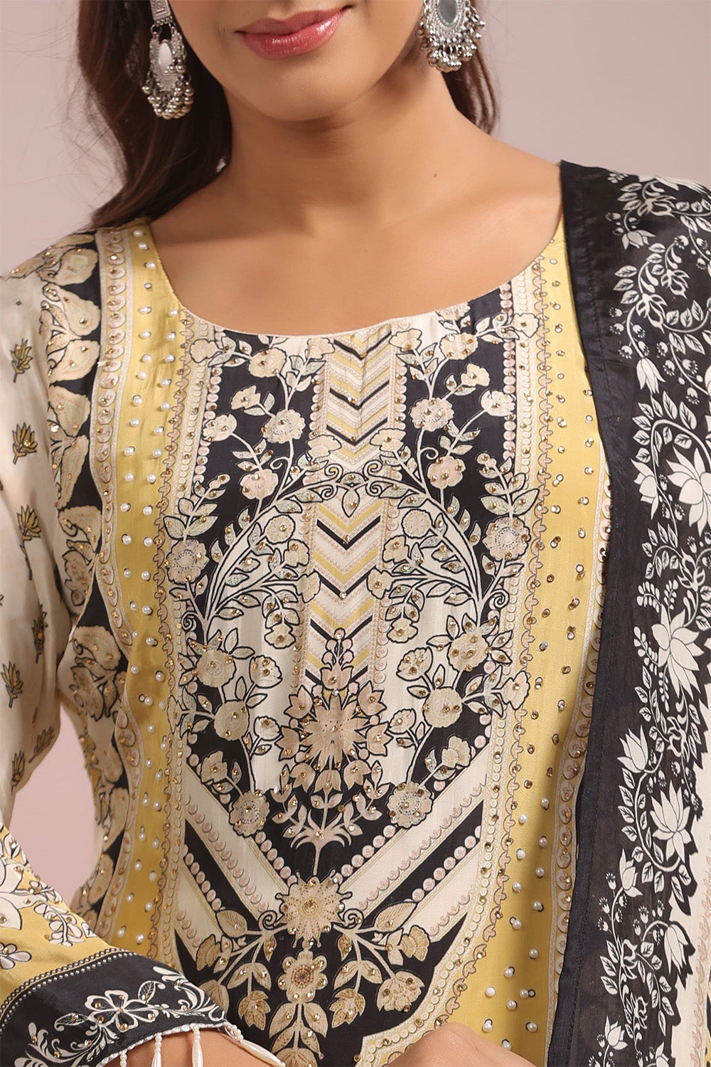Beige & Mustard Color Crepe Printed Suit
