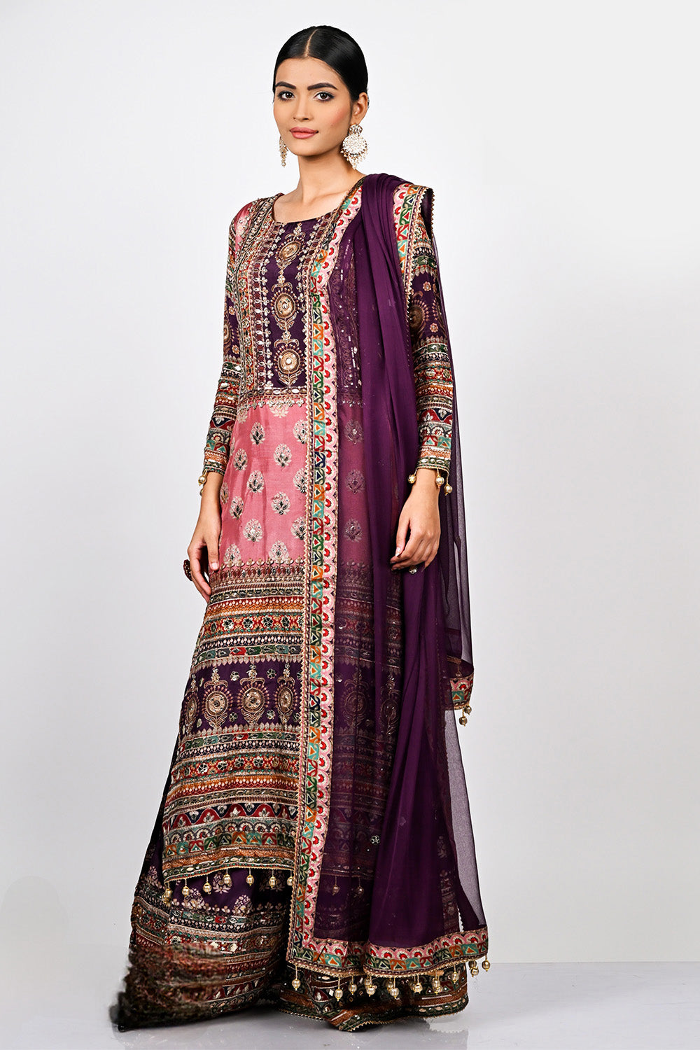 Peach & Purple Color Embroidered Crepe Suit With Palazzo