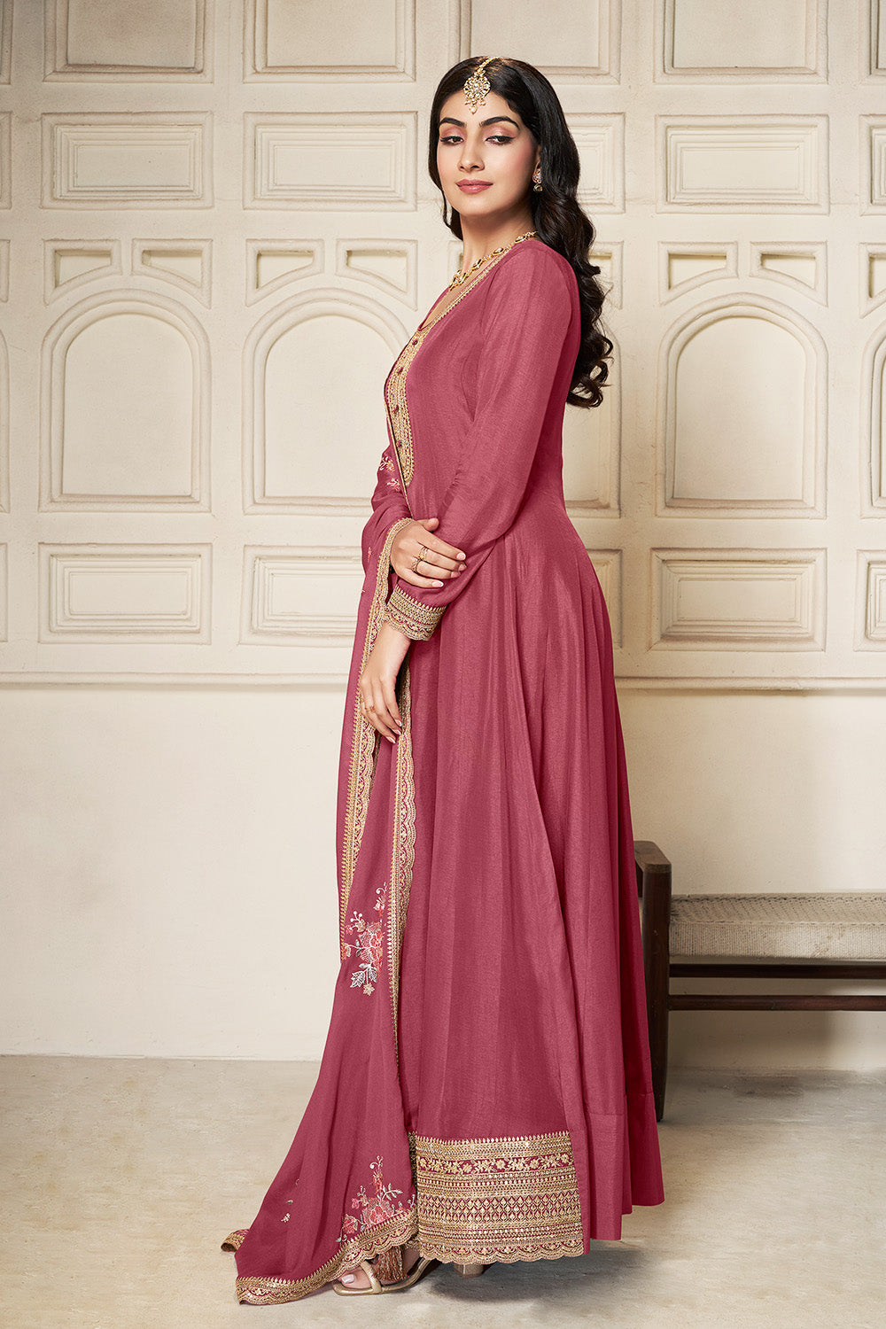 Solid Pink Color Silk Embroidered Anarkali Kurti  With Dupatta