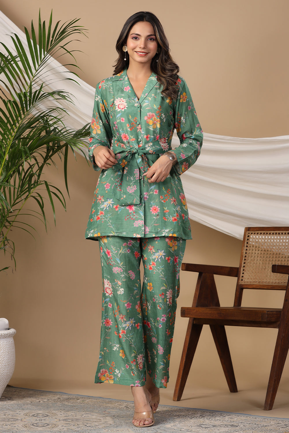 Green Colour Cotton Printed Co-Ord Set