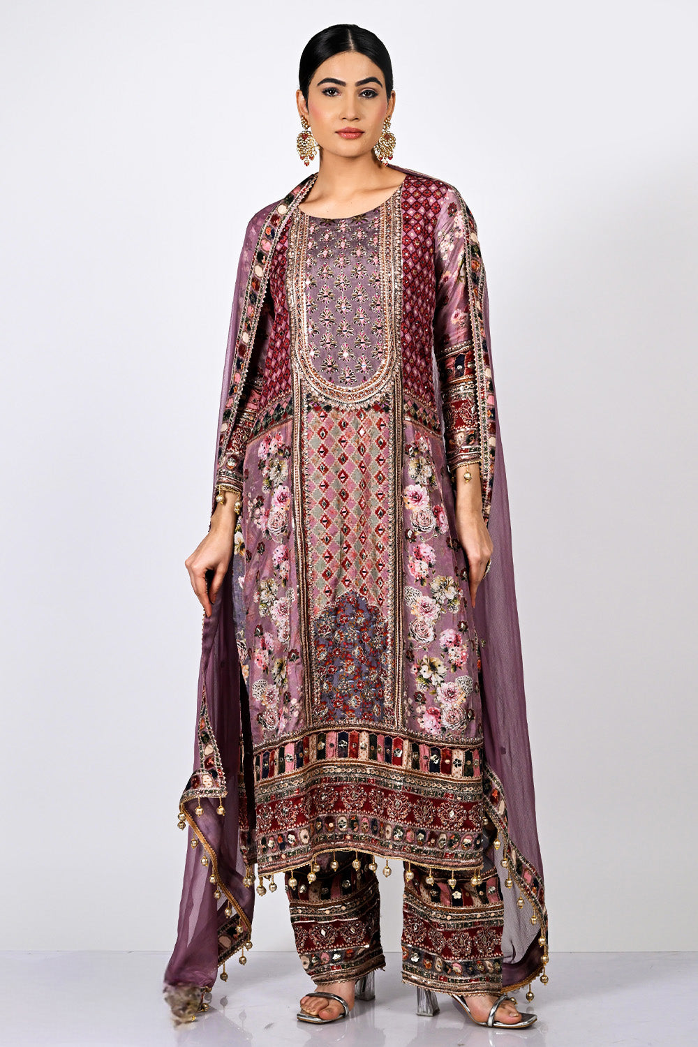 Mauve Color Embroidered Crepe Straight Suit
