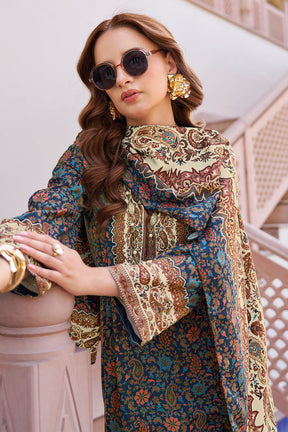 Beige & Navy Spun Mughal-Inspired Paisley Printed Unstitched Suits Material
