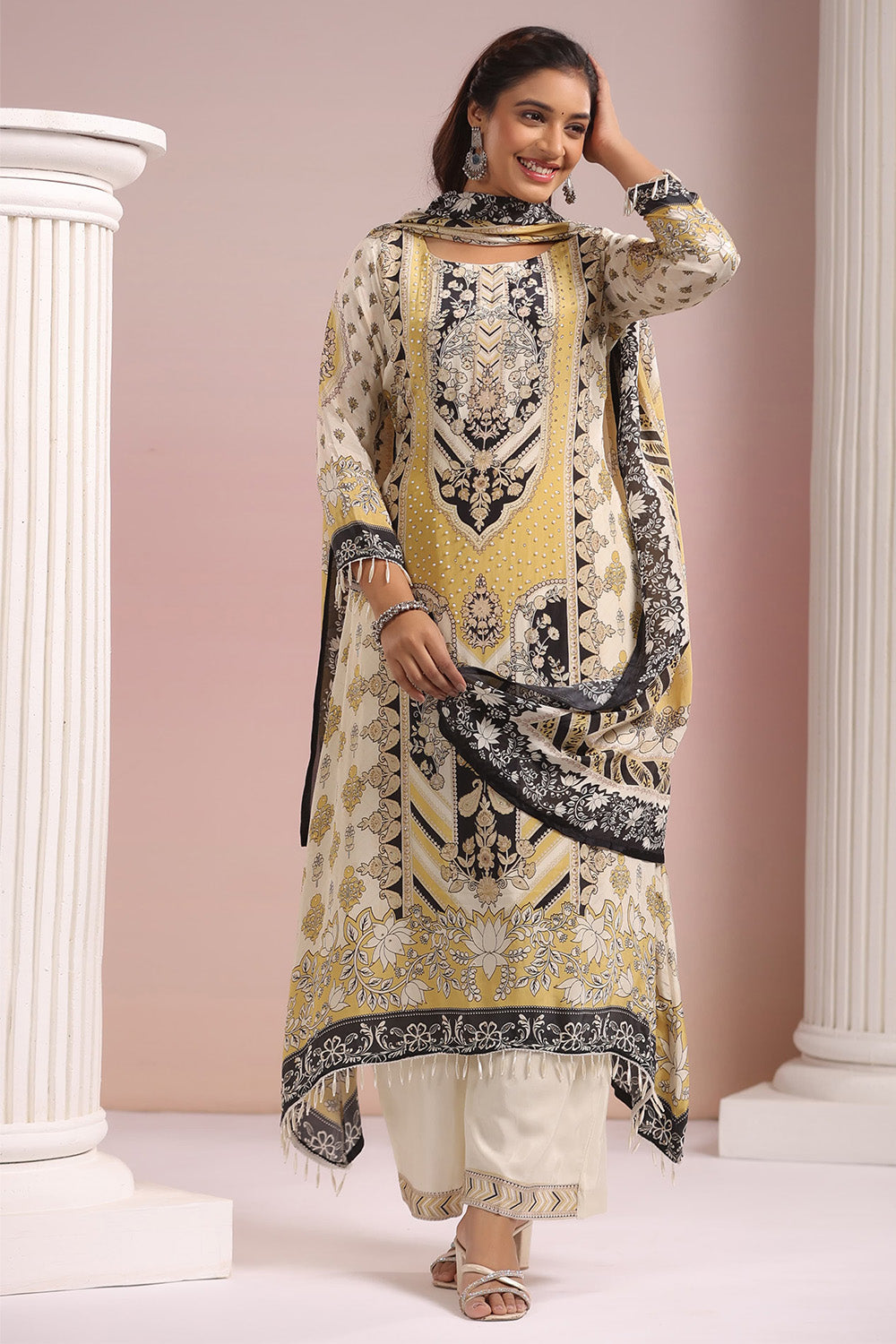 Beige & Mustard Color Crepe Printed Suit