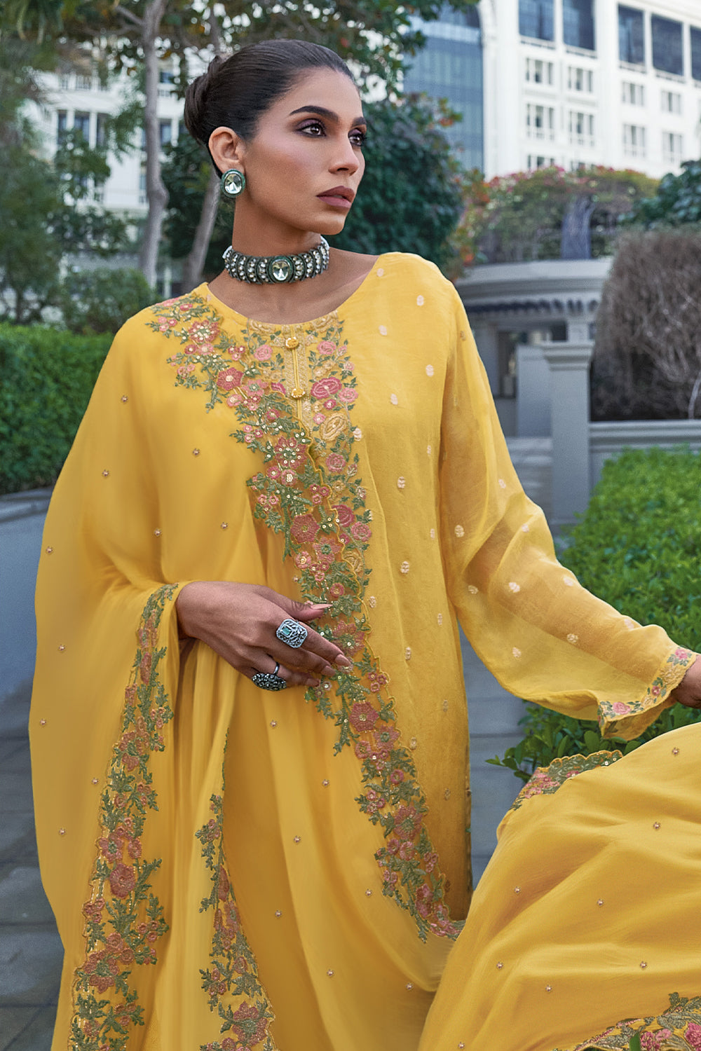 Mustard Color Embroidered Organza Unstitched Suit Material