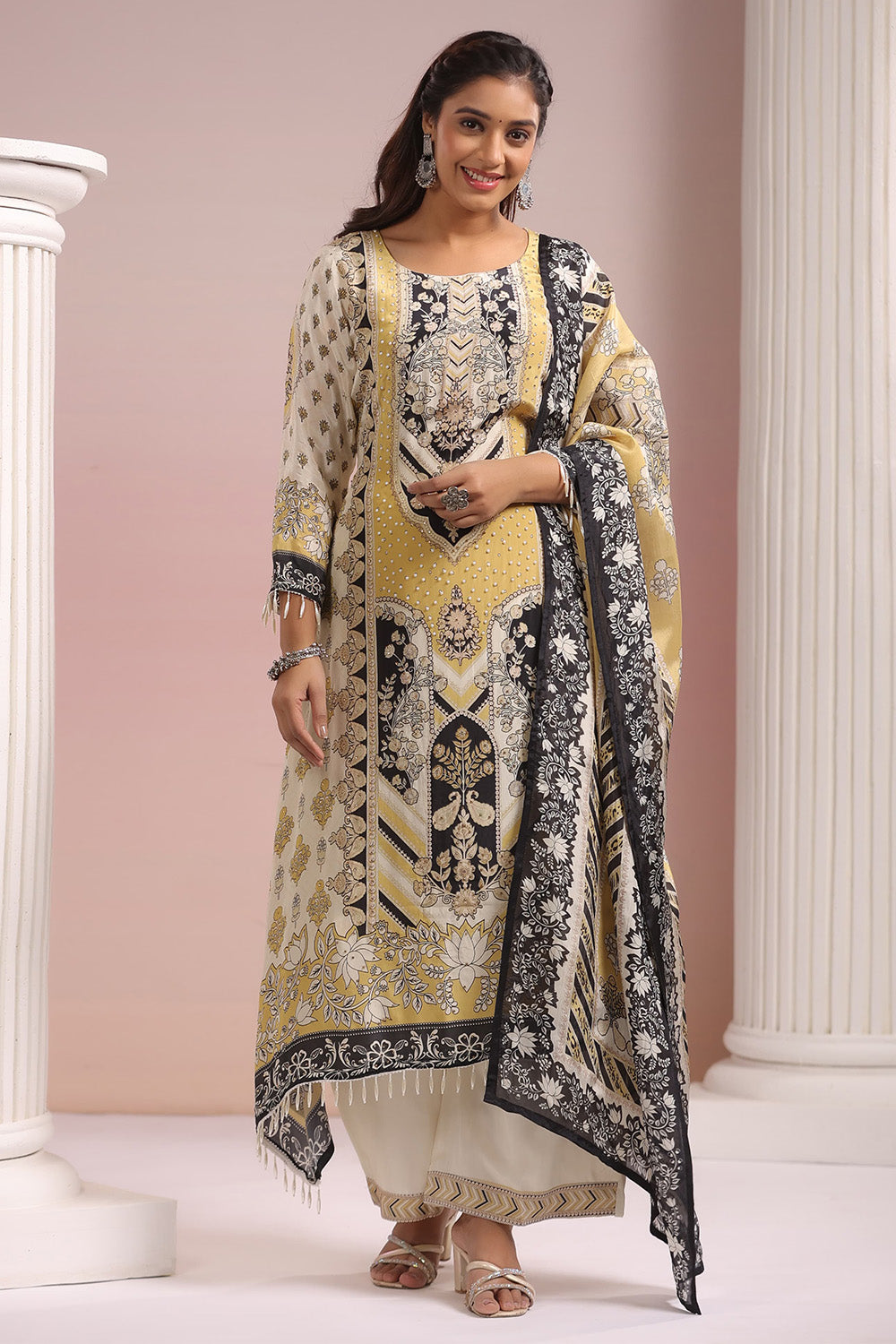 Beige & Mustard Color Crepe Printed Suit