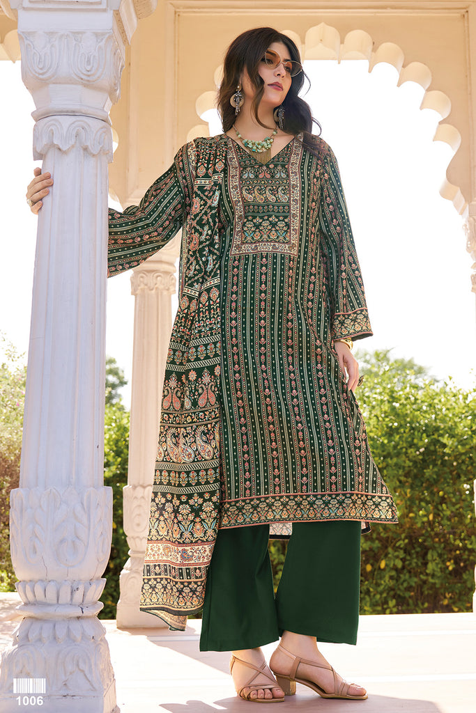 Bottle Green Spun Mughal-Inspired Paisley Printed Unstitched Suits Material