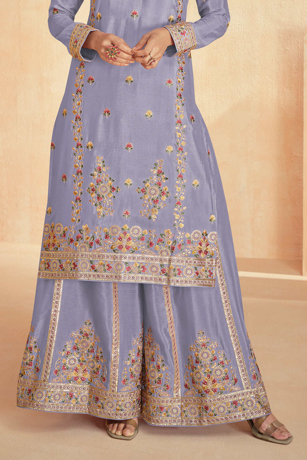 Lavender Color Crepe Silk Resham Embroidered Suit With Palazzo