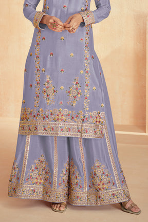 Lavender Color Crepe Silk Resham Embroidered Suit With Palazzo