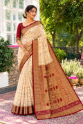 Cream Silk Ikkat Woven Border Saree