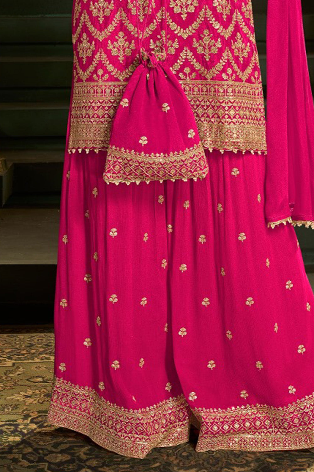 Rani Crepe Silk Zari And Sequins Embroidered Suit With Embroidered Gharara