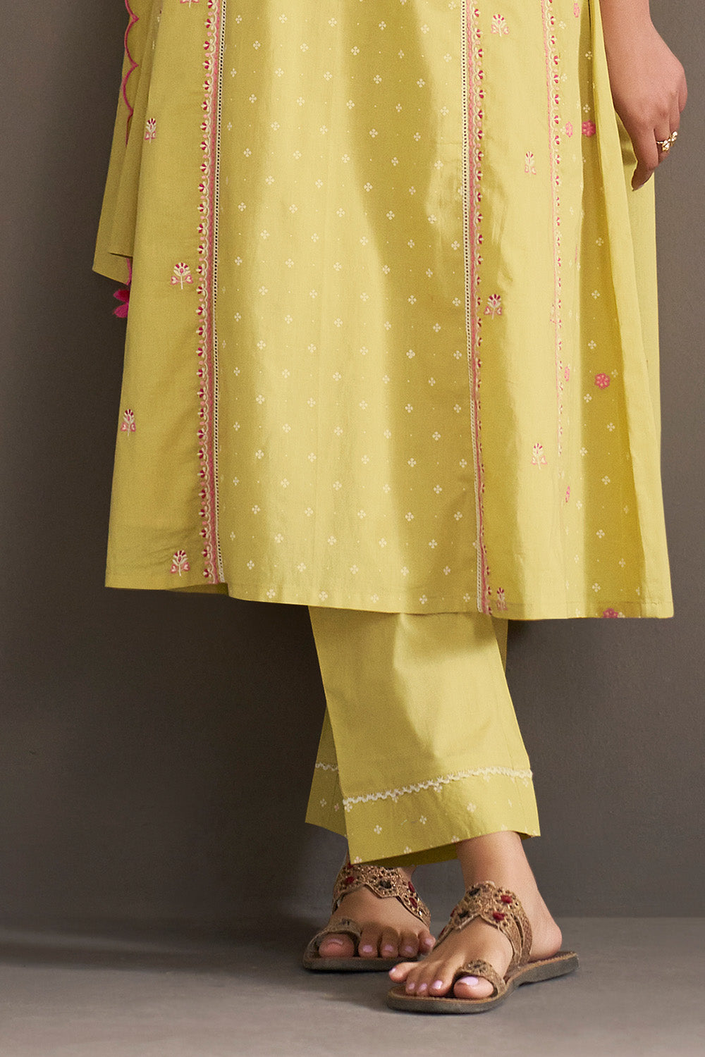 Olive Green Cotton Printed And Embroidered Suit