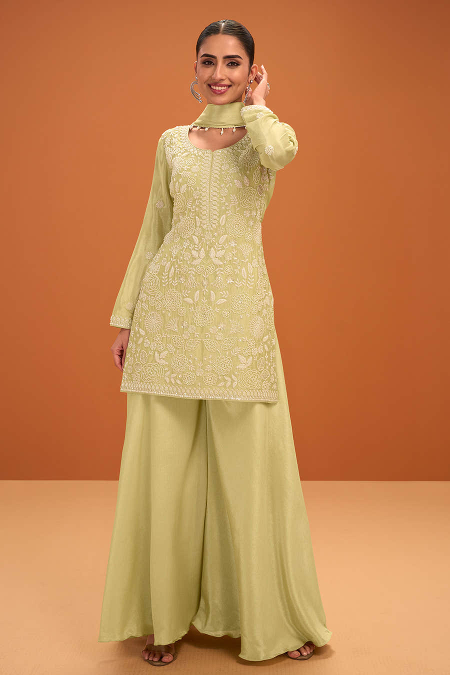Pista Green Crepe Silk Cut-Dana and Resham Embroidered Suit with Palazzo