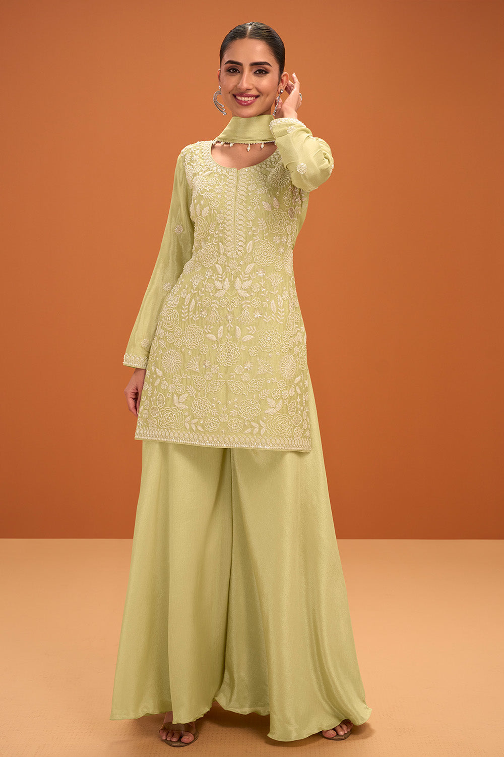 Pista Green Crepe Silk Cut-Dana and Resham Embroidered Suit with Palazzo