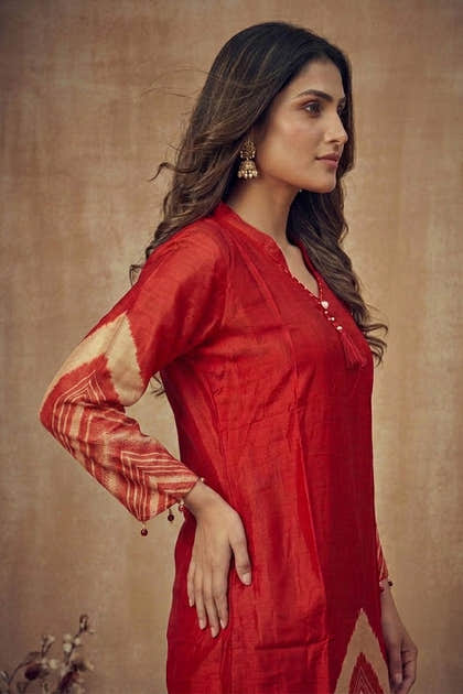 Red Mulberry Silk Printed Kurta Set