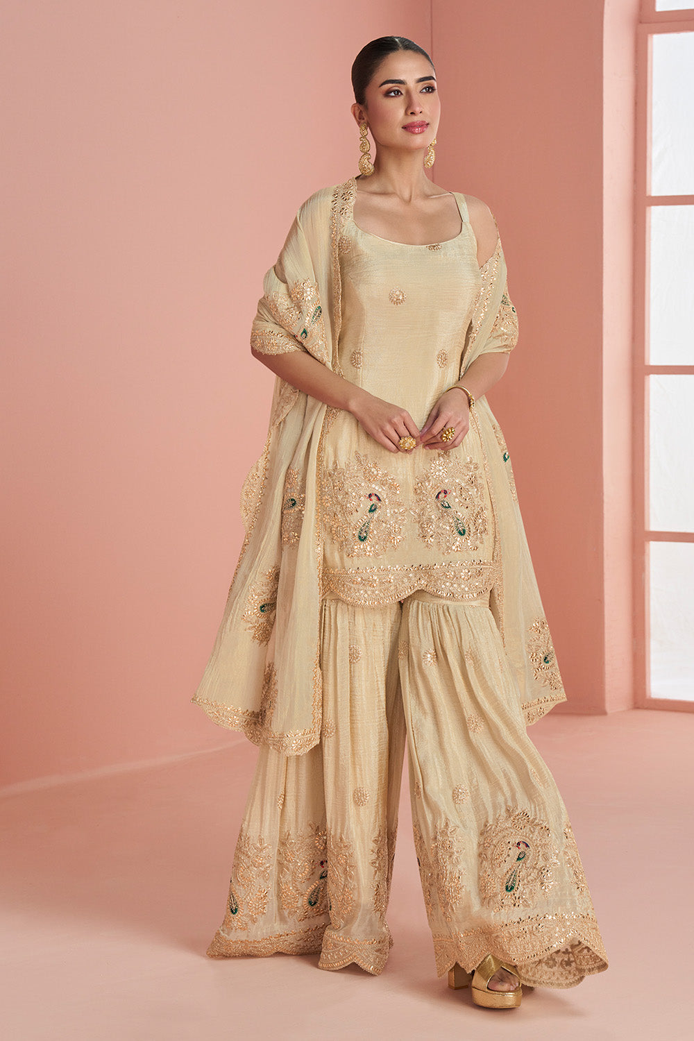 Cream Tussar Silk Pita Embroidered Suit With Embroidered Sharara