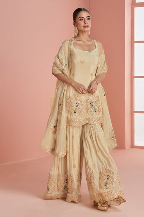 Cream Tussar Silk Pita Embroidered Suit With Embroidered Sharara