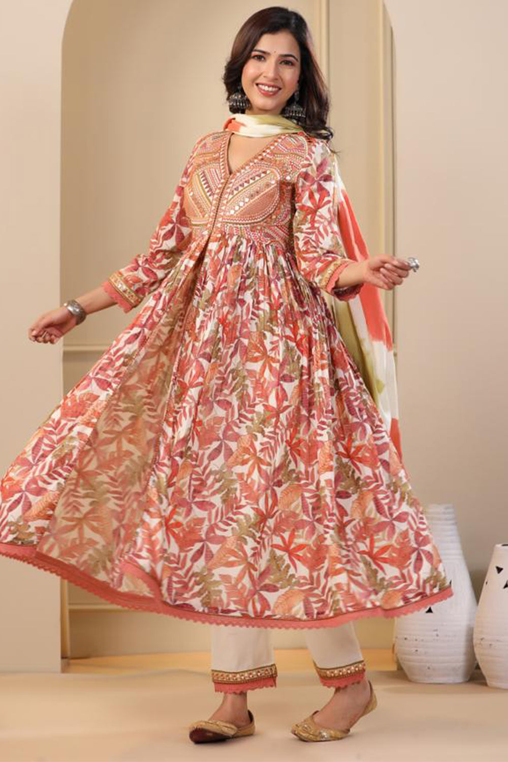 Rust Color Cotton Printed Anarkali Suit
