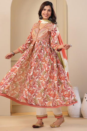 Rust Color Cotton Printed Anarkali Suit