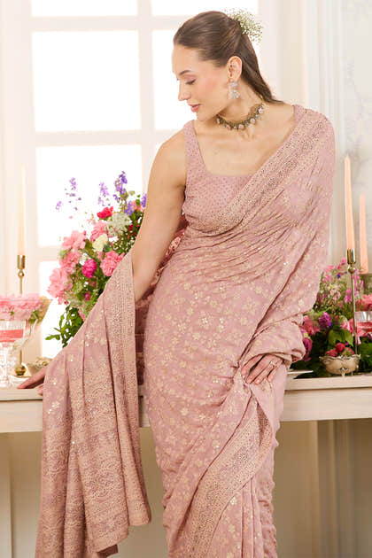 Dusty Pink Georgette Embroidered And Swaroski Work Saree