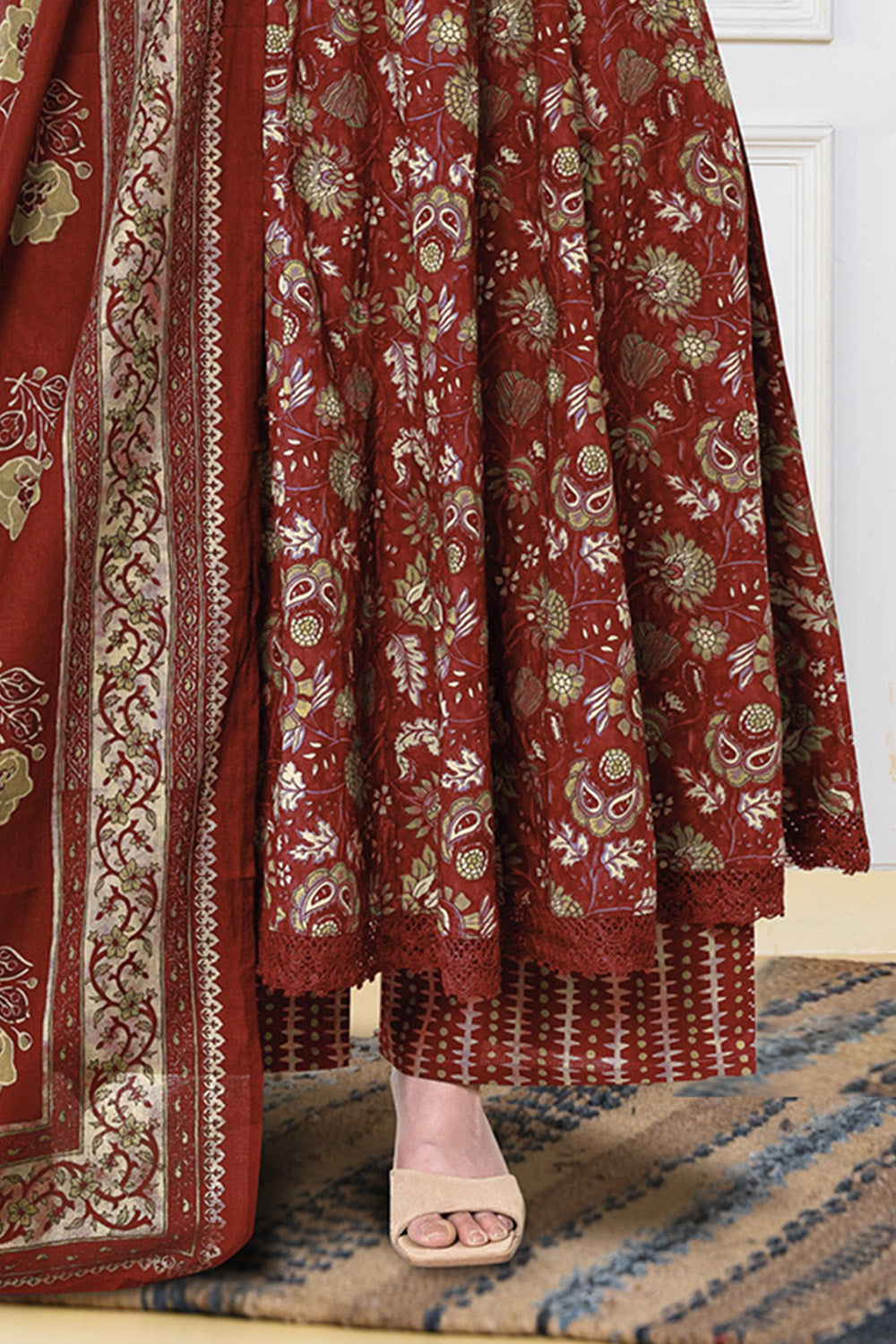 Maroon Cotton Floral Printed Anarkali Suit Set