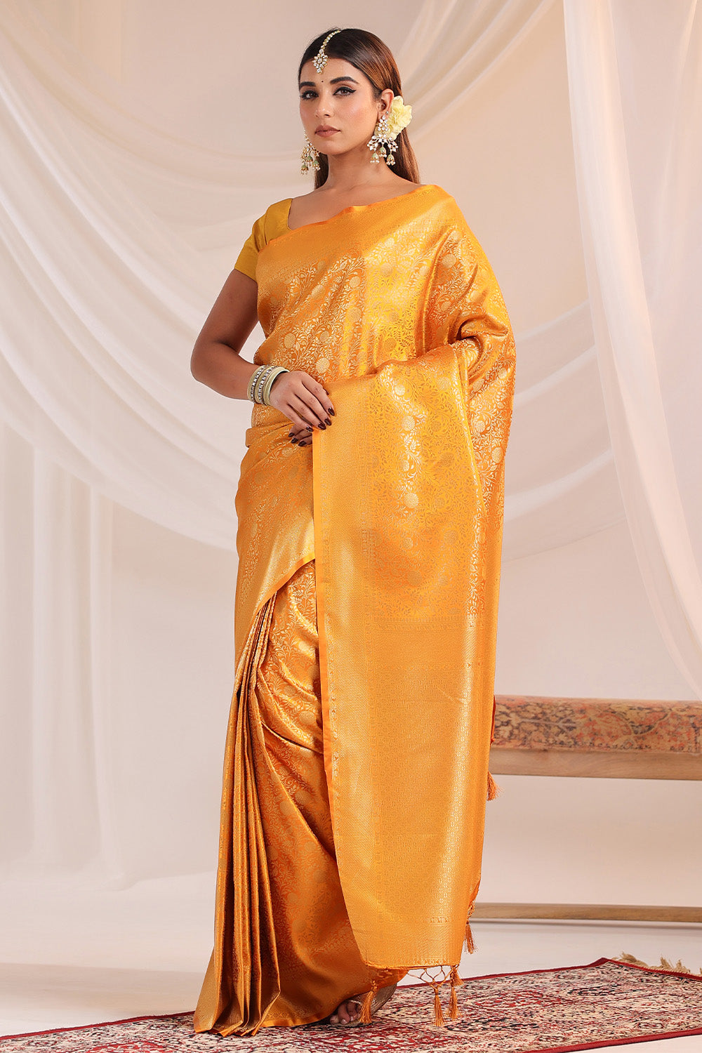 Yellow Silk Zari Floral Zaal Woven Saree