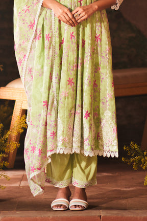 Pista Green Color Cotton Floral Printed and Resham Embroidered AnarkalI Suit