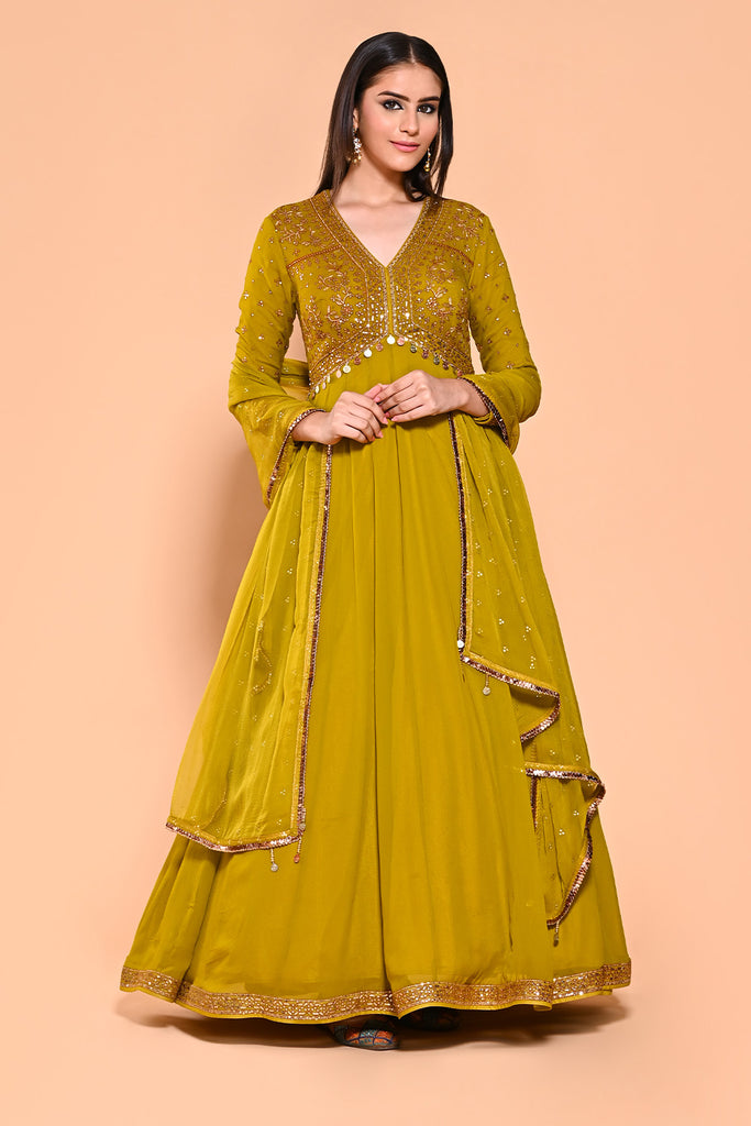 Olive Green Color Georgette Alia-Cut Anarkali Suit Meena Bazaar Shop Olive Green Color Georgette Alia-Cut Anarkali Suit Meena Bazaar Shop