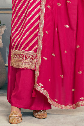Red Embroidered & Woven Chanderi Silk Unstitched Suit Fabric