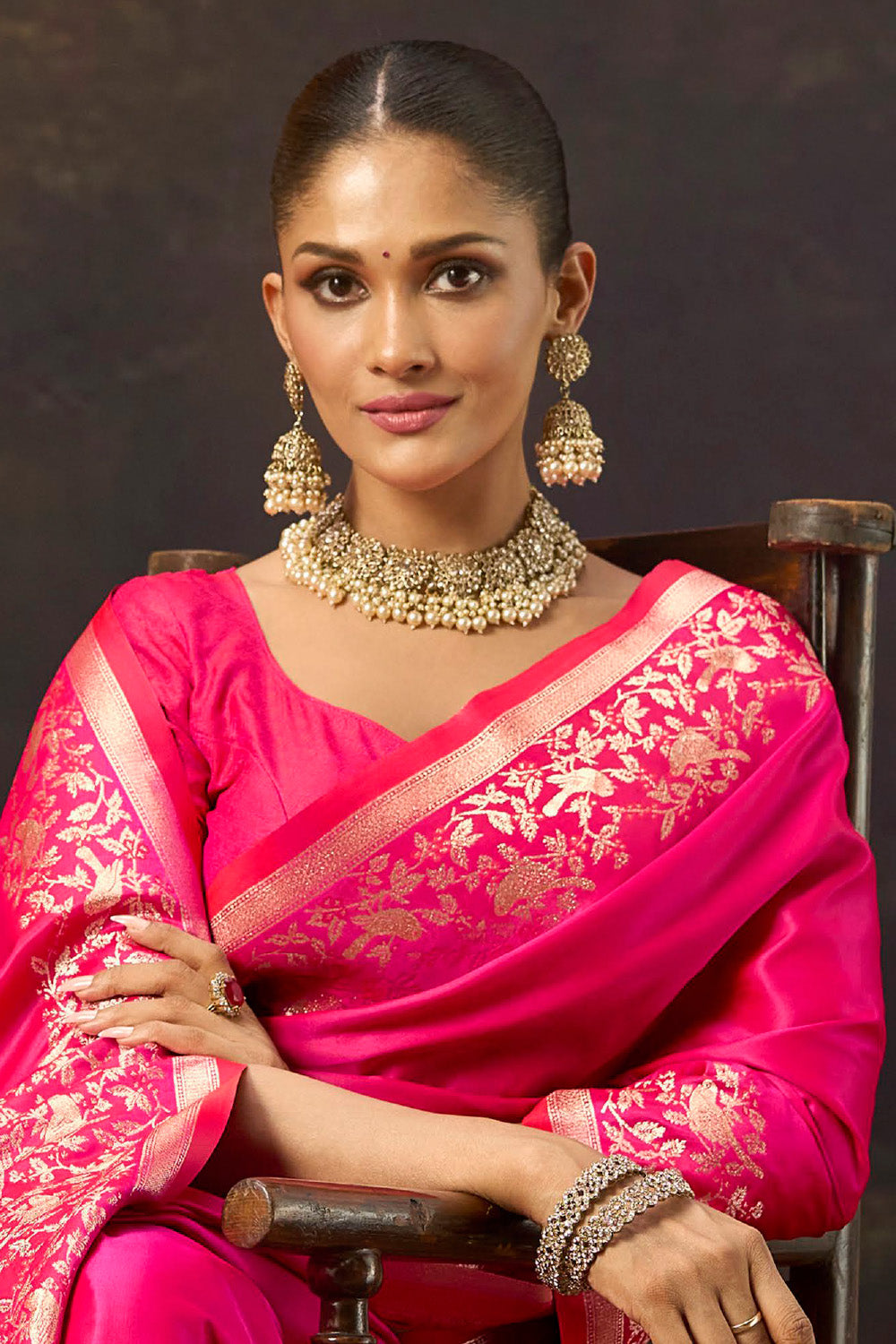 Electric Pink  Woven Mulberry Silk Saree