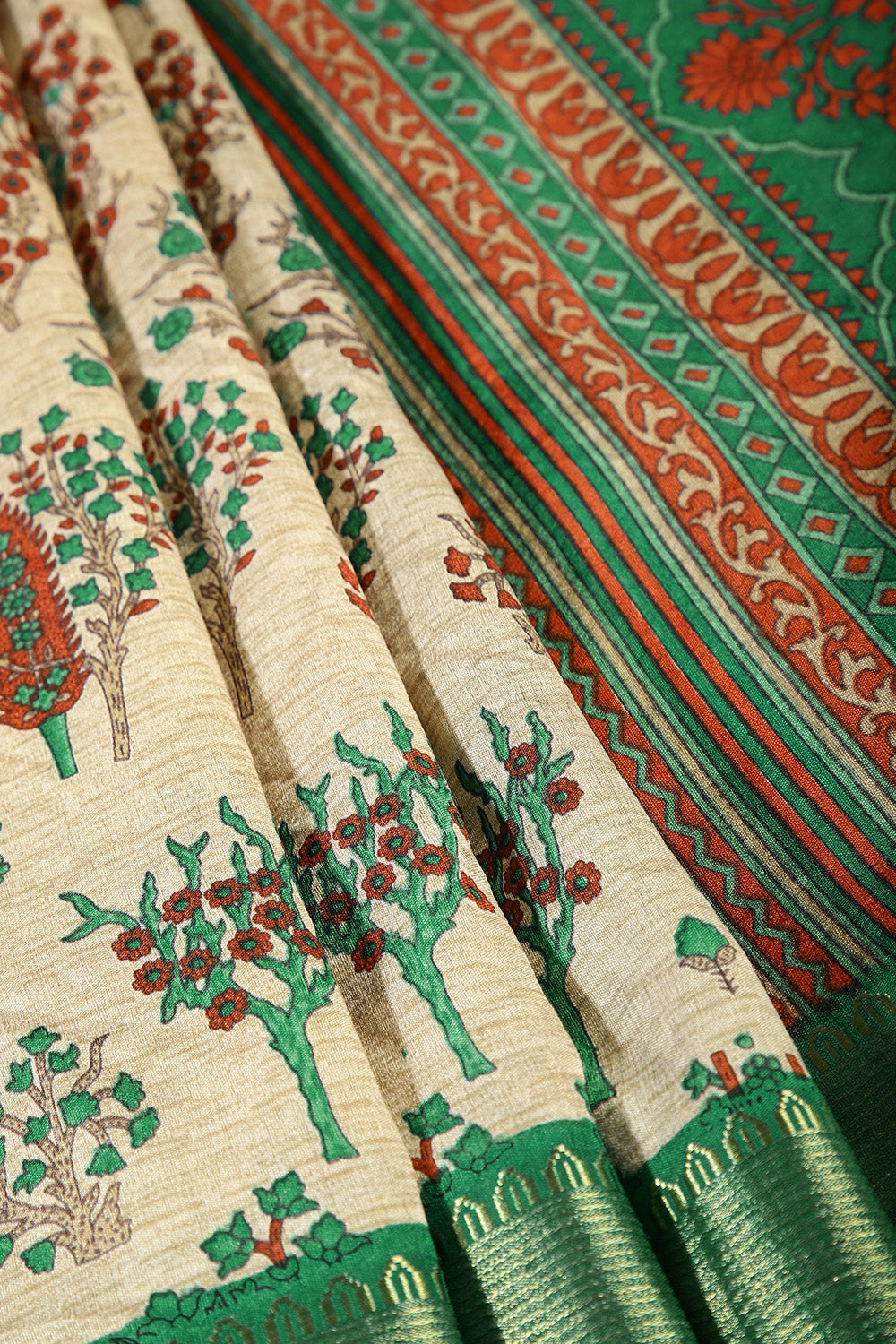 Beige & Green Color Tree-Like Structures Printed Tussar Silk Saree