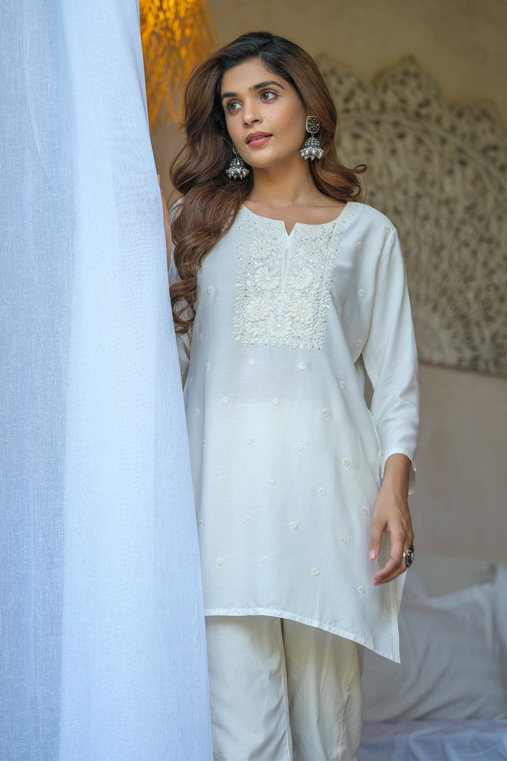 White Color Neck Embroidered Cotton Kurti