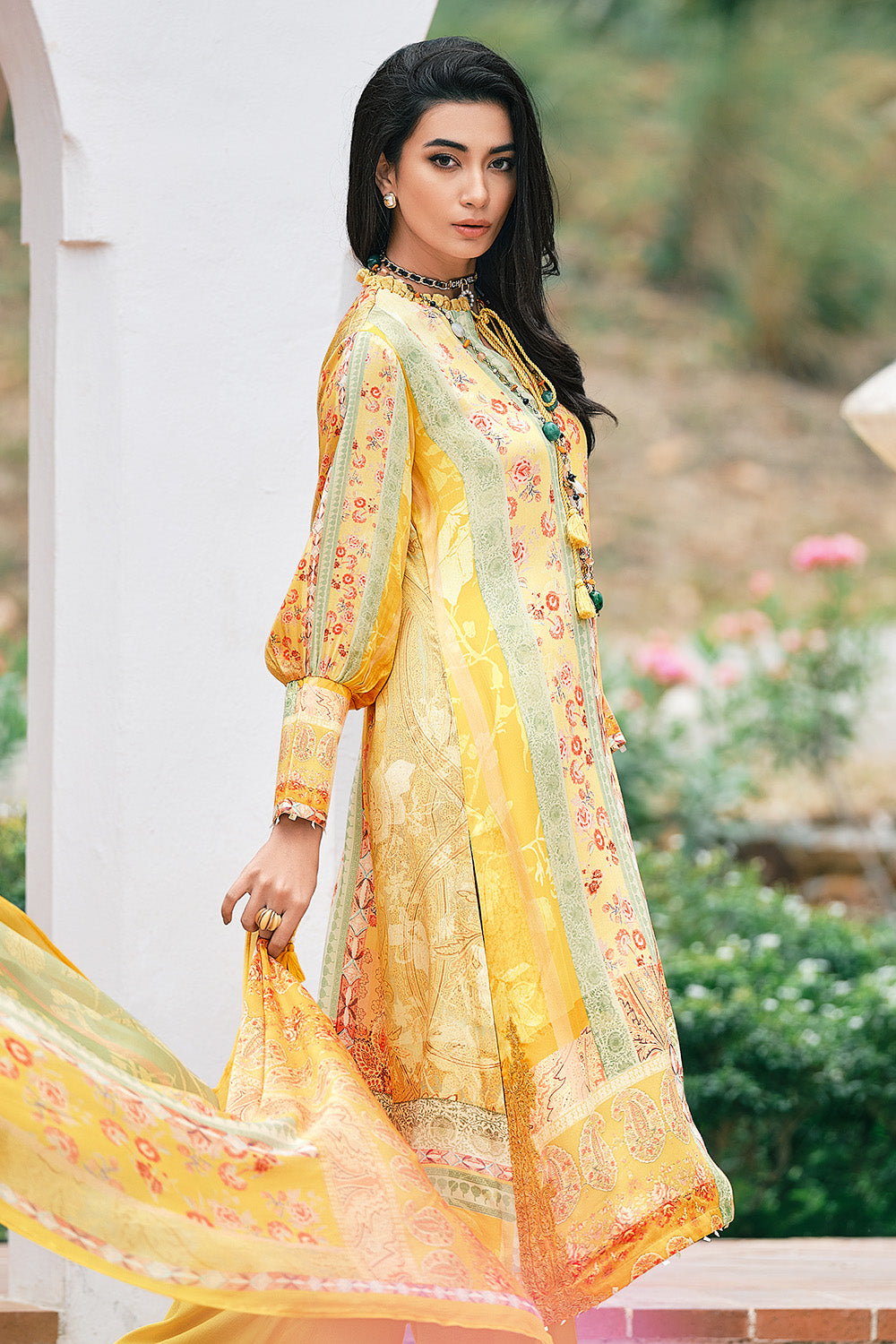 Mustard Colour Satin Floral Printed Unstitched Suit Material