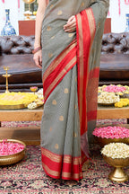 Black Chanderi Silk Printed And Zari Woven Saree