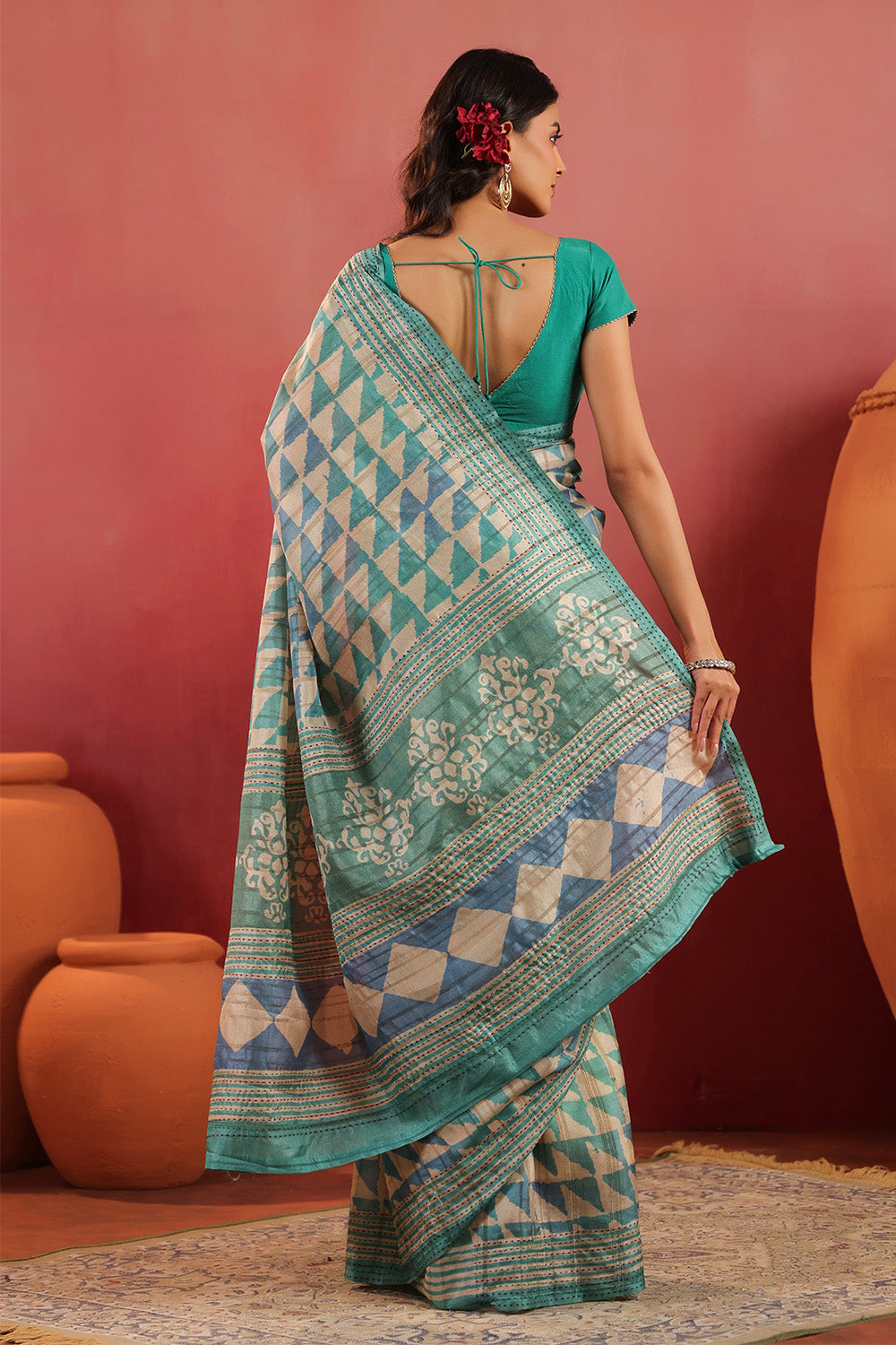 Turquoise And Beige Tussar Silk Printed Saree