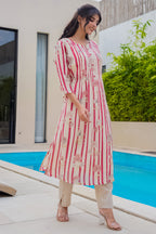 Beige & Maroon Floral Printed Muslin Kurta Set