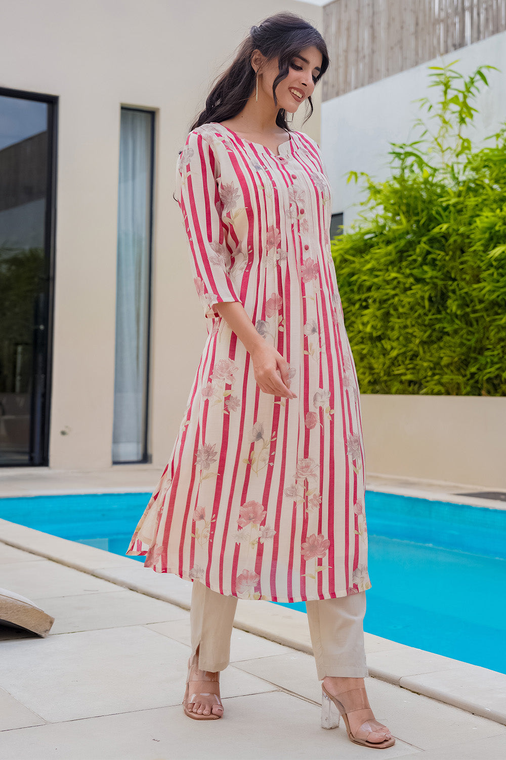 Beige & Maroon Floral Printed Muslin Kurta Set