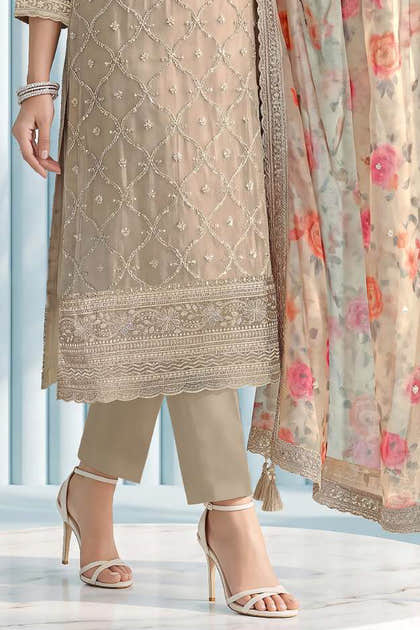 Beige Organza Resham Embroidered Unstitched Suit Material