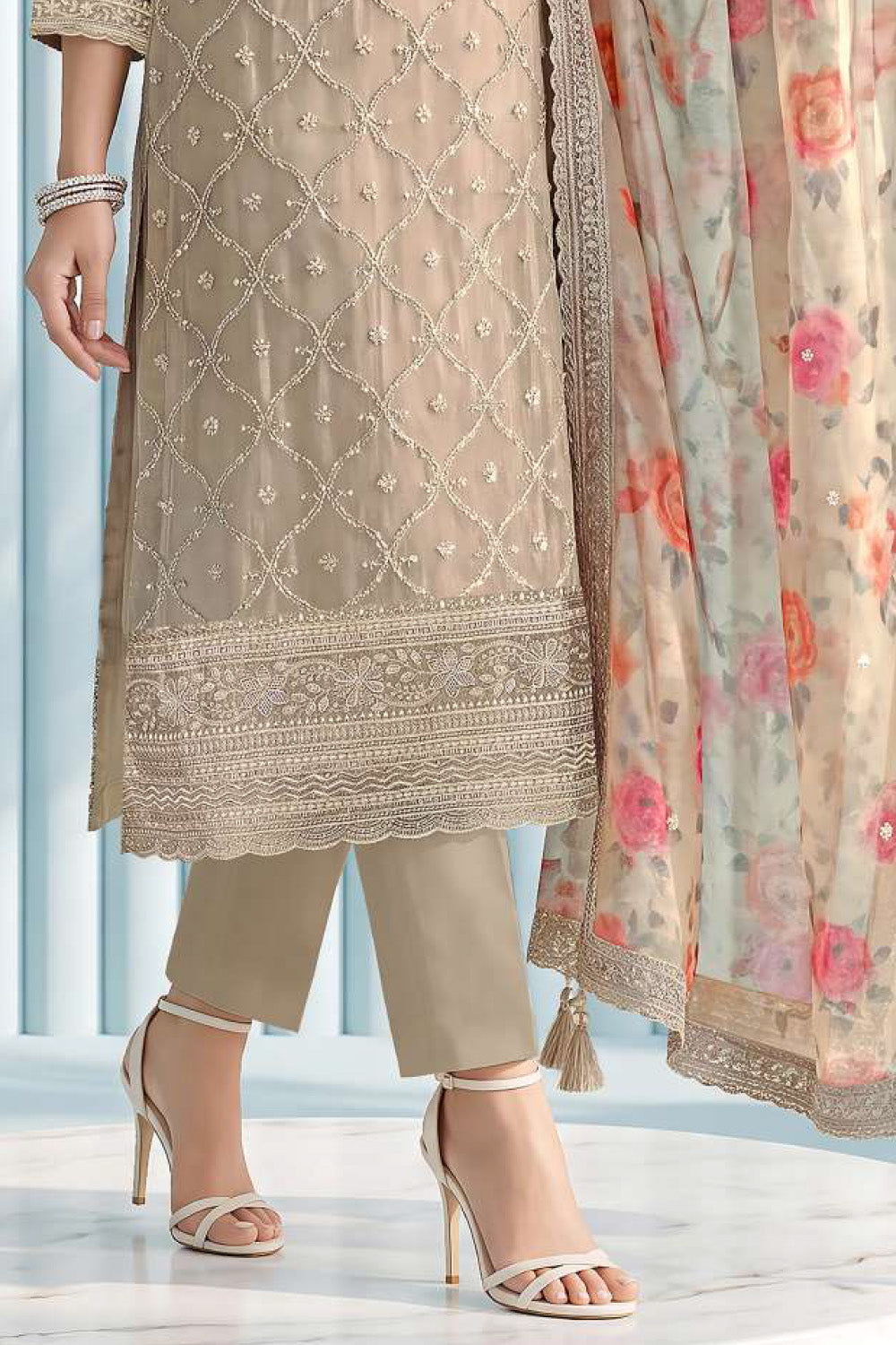 Beige Organza Resham Embroidered Unstitched Suit Material