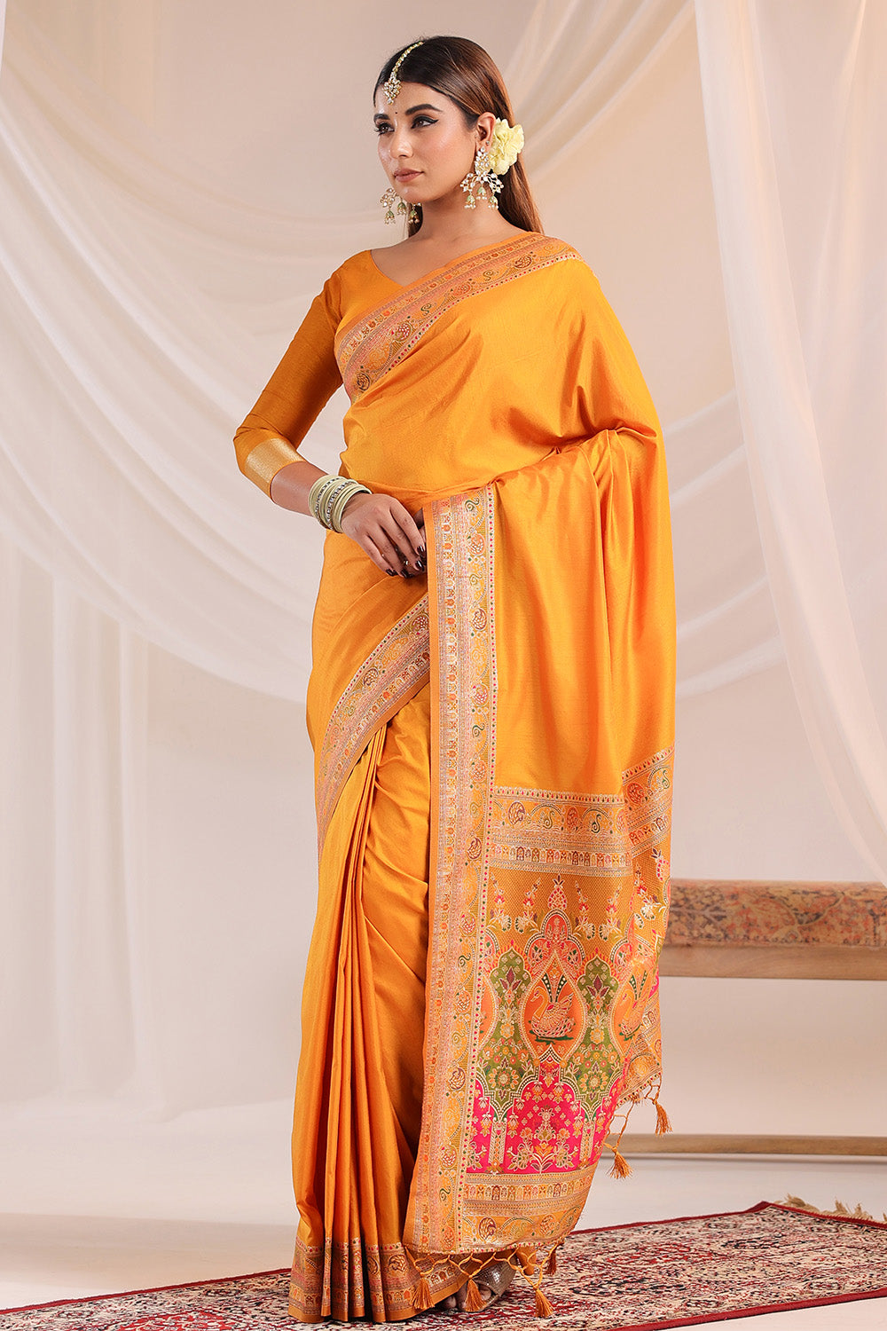 Mustard Soft Silk Kalamkari Woven Saree