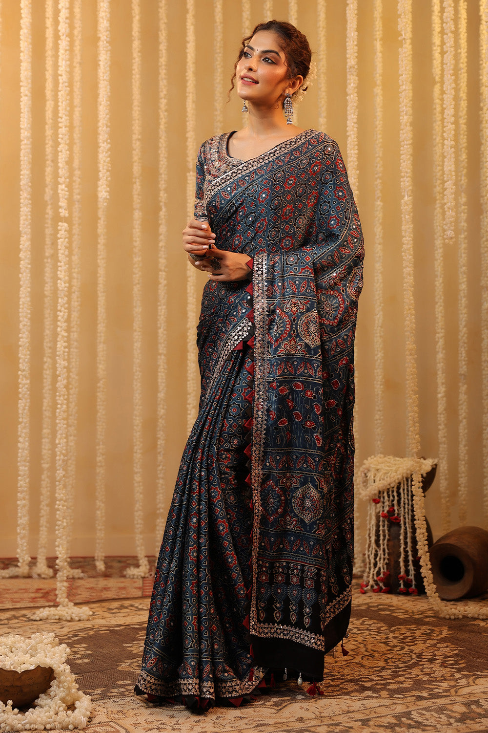 Navy Pure Mulberry Silk Printed And Embroidered Saree
