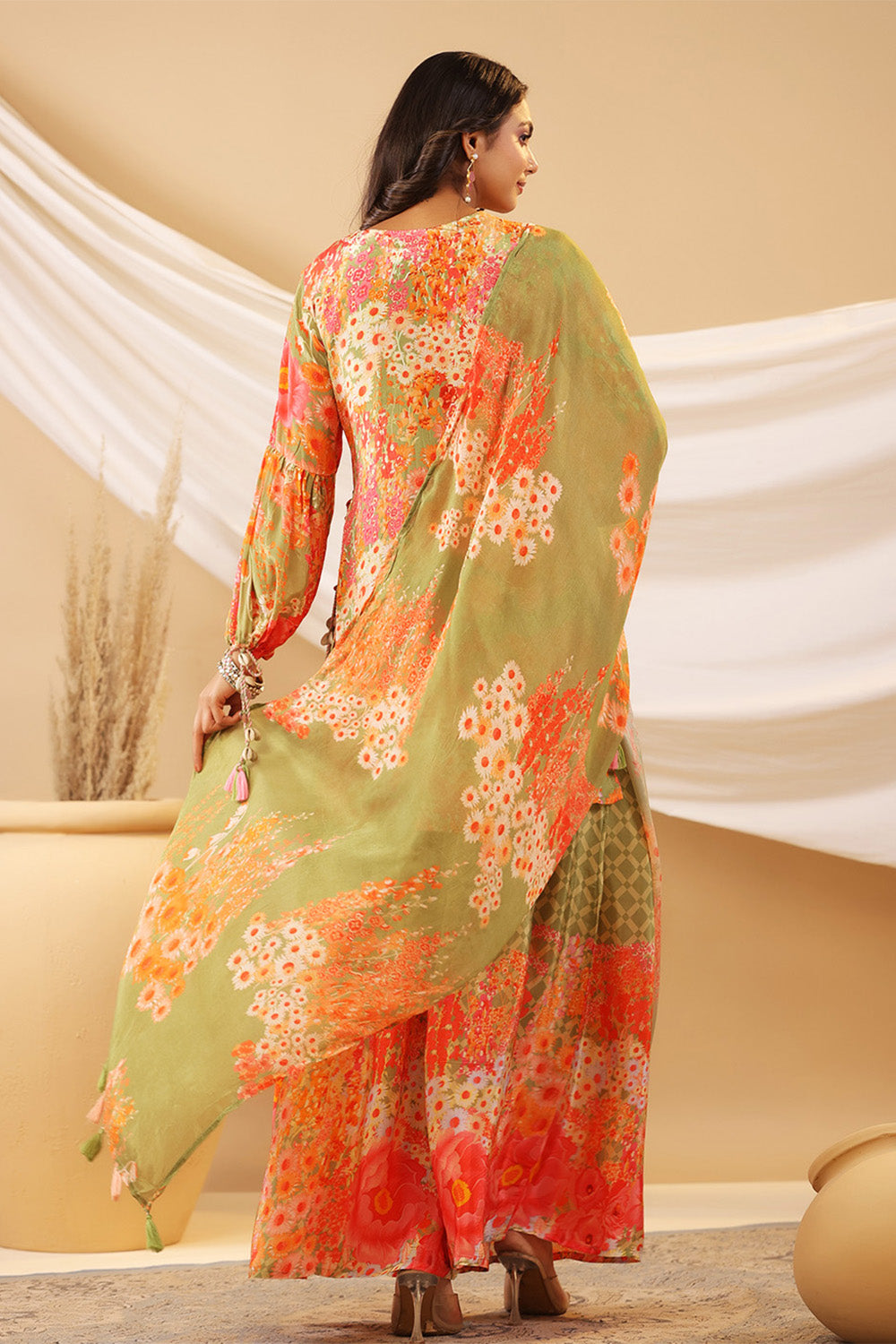 Multi-Color Crepe Silk Floral Printed Suit With Palazzo