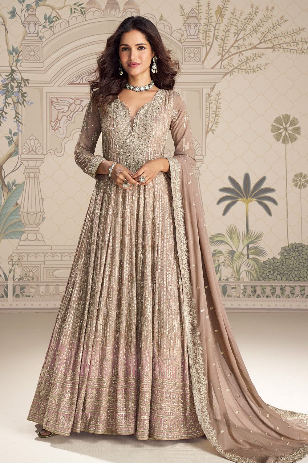 Beige Georgette Zari and Sequins Embroidered Anarkali Suit