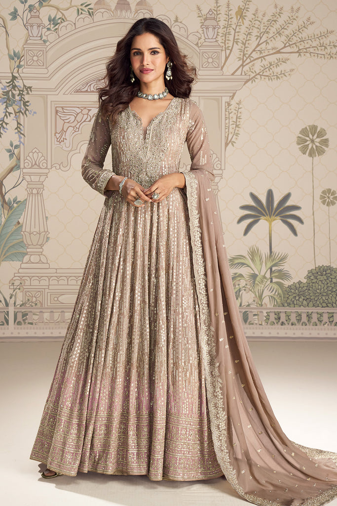 Beige Georgette Zari and Sequins Embroidered Anarkali Suit
